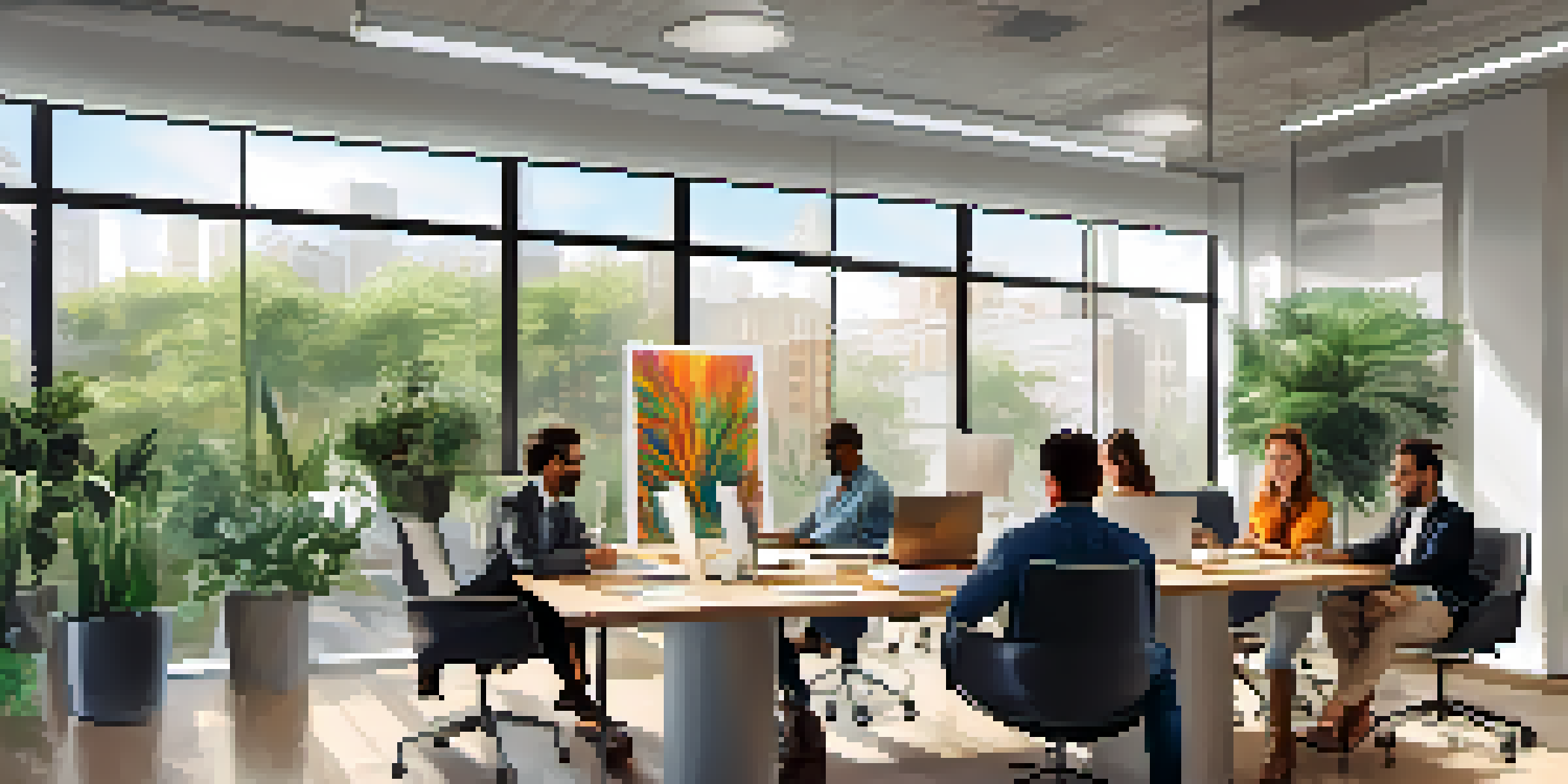 A diverse group of employees collaborating in a bright office environment, surrounded by plants and artwork.