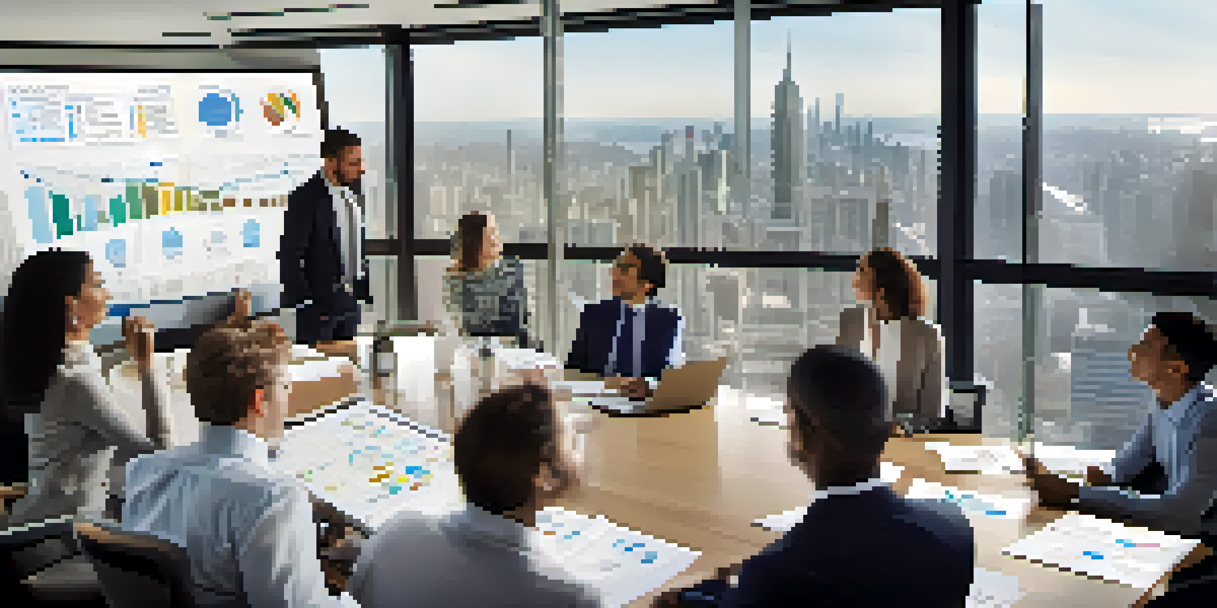 A diverse team of professionals in a bright conference room discussing succession planning with charts on a screen.