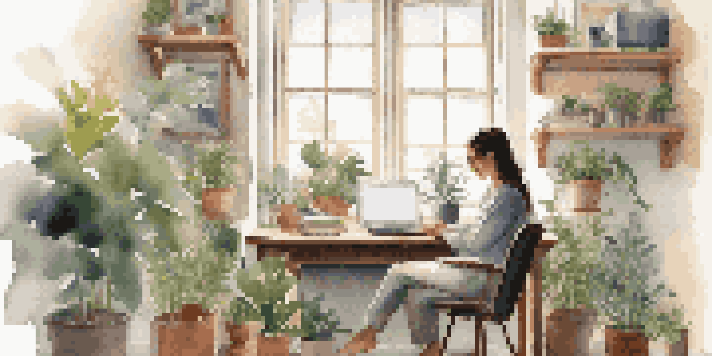 A young graduate working at a desk in a bright and cozy workspace, surrounded by plants and smiling while taking notes.