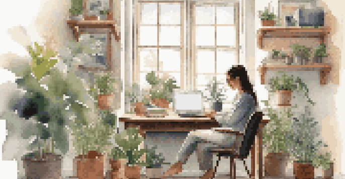 A young graduate working at a desk in a bright and cozy workspace, surrounded by plants and smiling while taking notes.