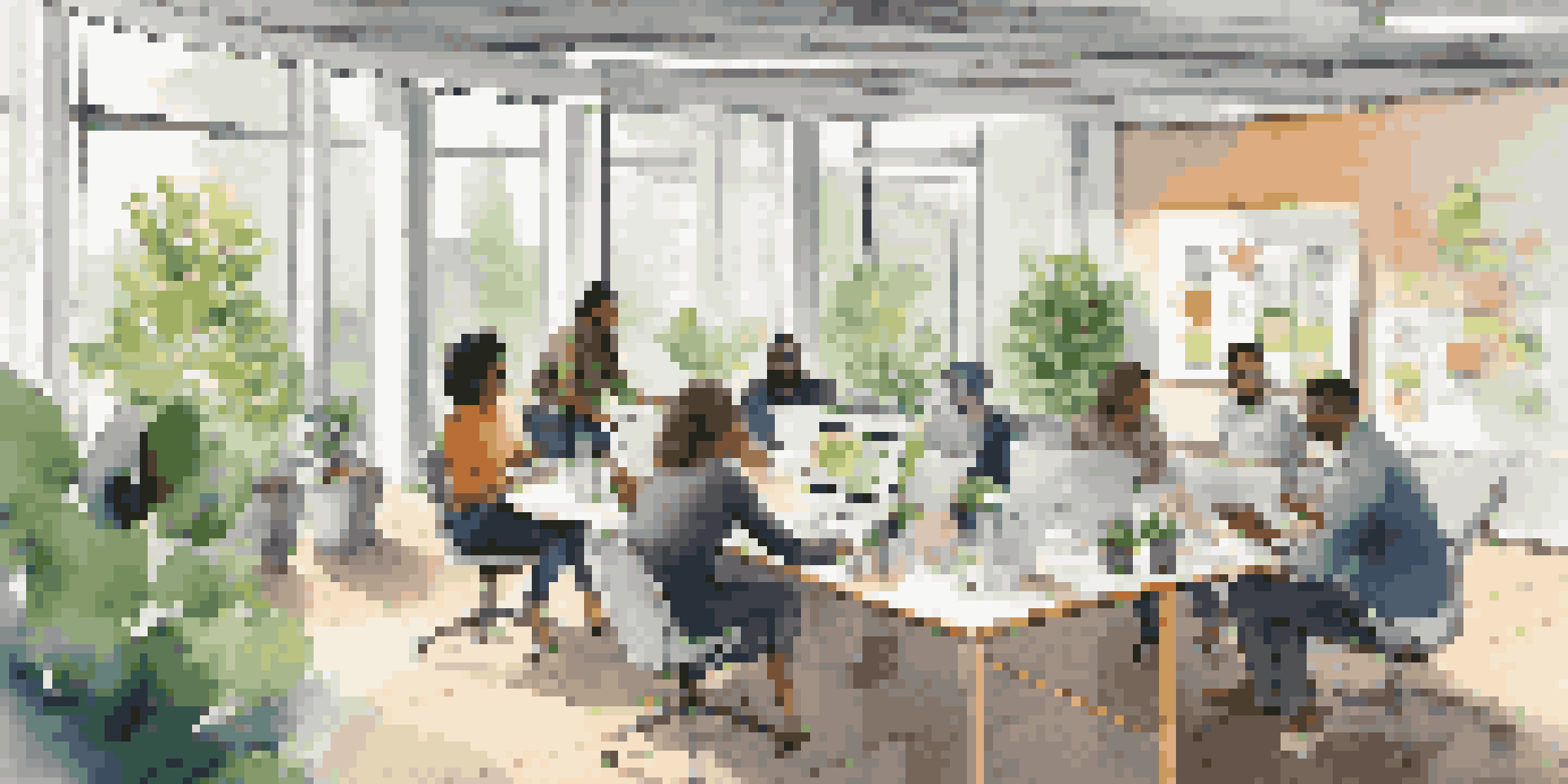 A bright and modern office with diverse employees collaborating around a circular table, filled with laptops and sticky notes, surrounded by motivational quotes.