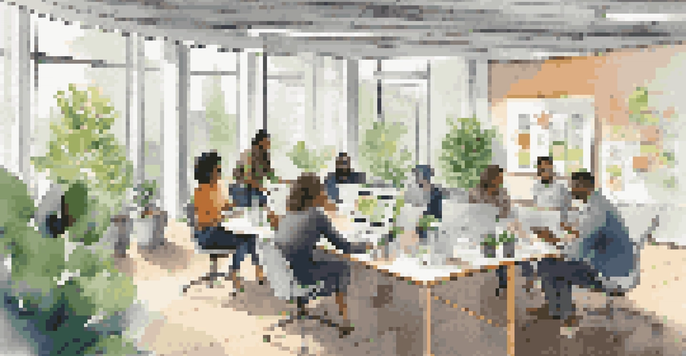 A bright and modern office with diverse employees collaborating around a circular table, filled with laptops and sticky notes, surrounded by motivational quotes.
