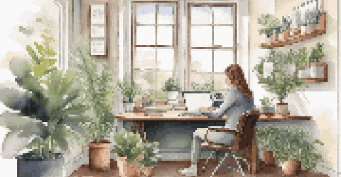 An office space with natural light, a desk with a laptop, plants, and a person looking content while working.