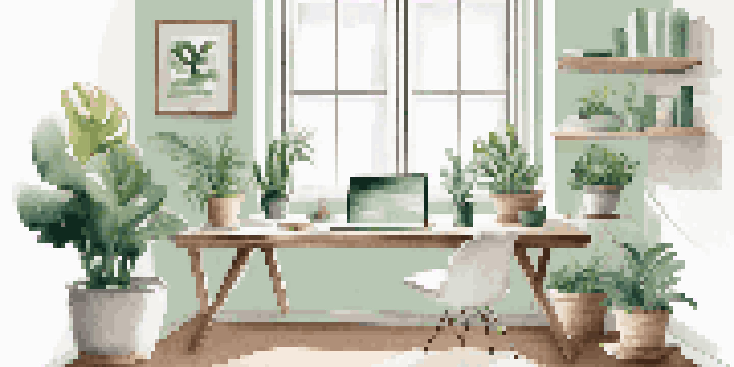 A modern home office with a laptop on a desk, houseplants, and natural light coming through a window, creating a peaceful workspace atmosphere.