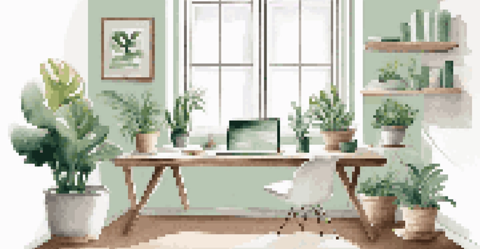 A modern home office with a laptop on a desk, houseplants, and natural light coming through a window, creating a peaceful workspace atmosphere.