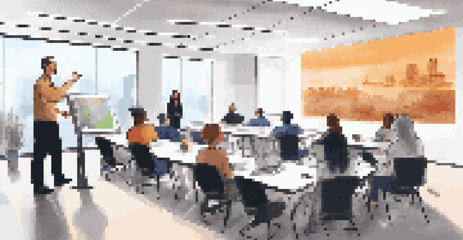 A facilitator leading a training session in a conference room, with participants using laptops and a large screen displaying software.