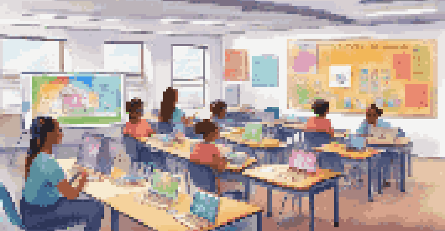 A teacher conducting a digital literacy workshop in a colorful classroom, with students actively using laptops and tablets to learn.