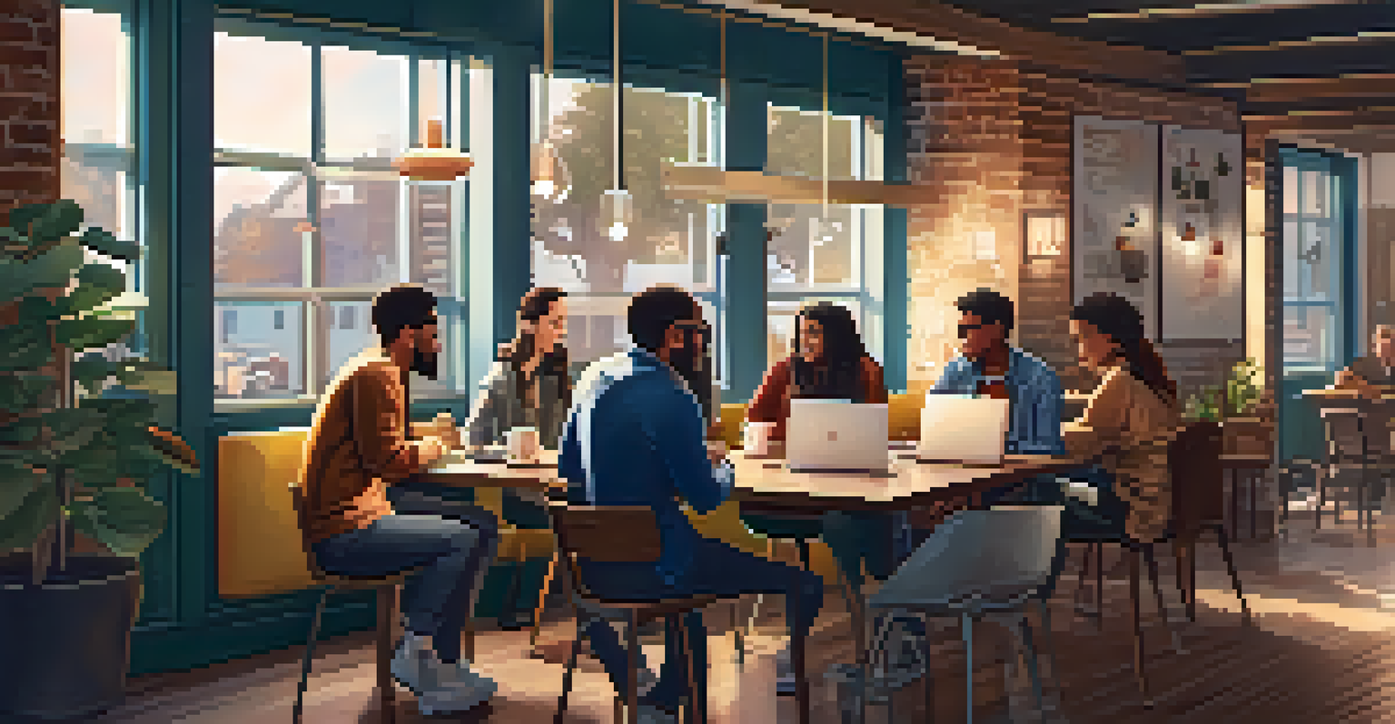 A diverse group of content creators in a cafe discussing video ideas, surrounded by laptops and coffee, in a warm and inviting setting.