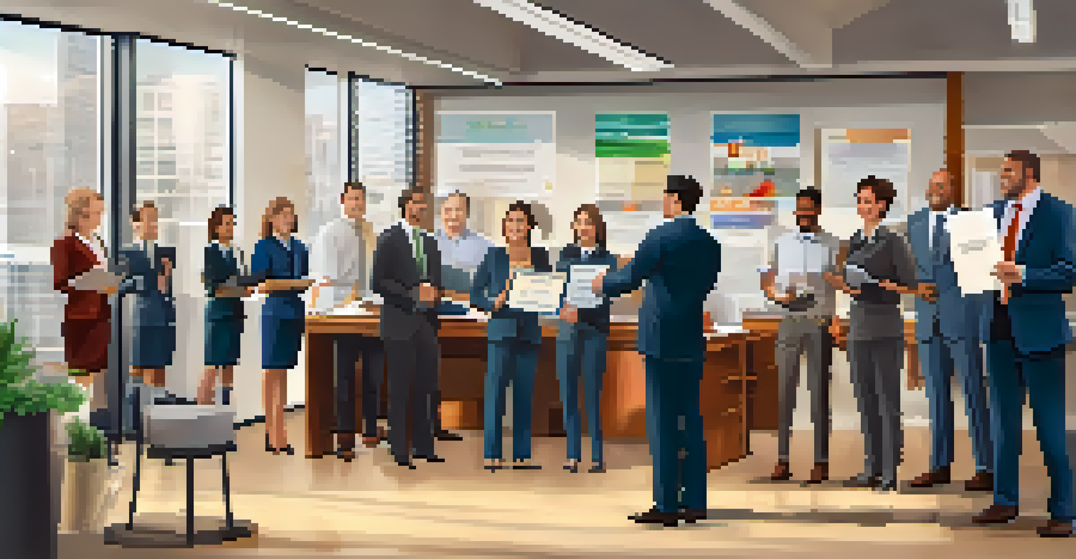 An employee being recognized by a manager in an office, with a team celebrating the moment.