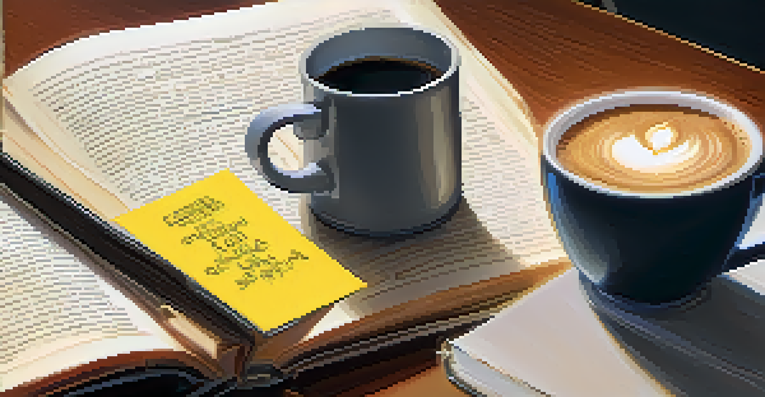 An open book with highlighted text and sticky notes, with a cup of coffee and a laptop in a cozy study.