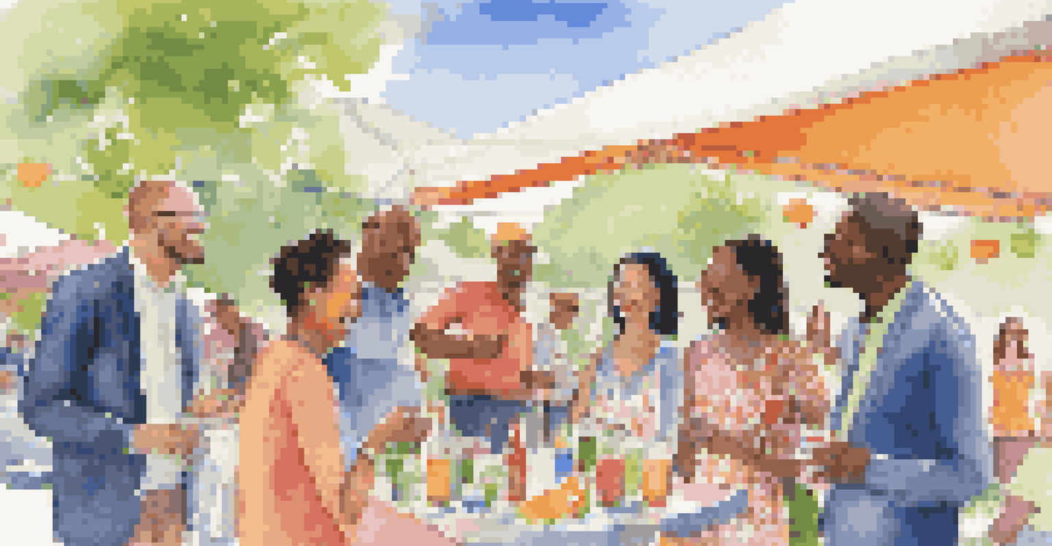 Professionals networking outdoors at an event, surrounded by refreshments and colorful decorations.