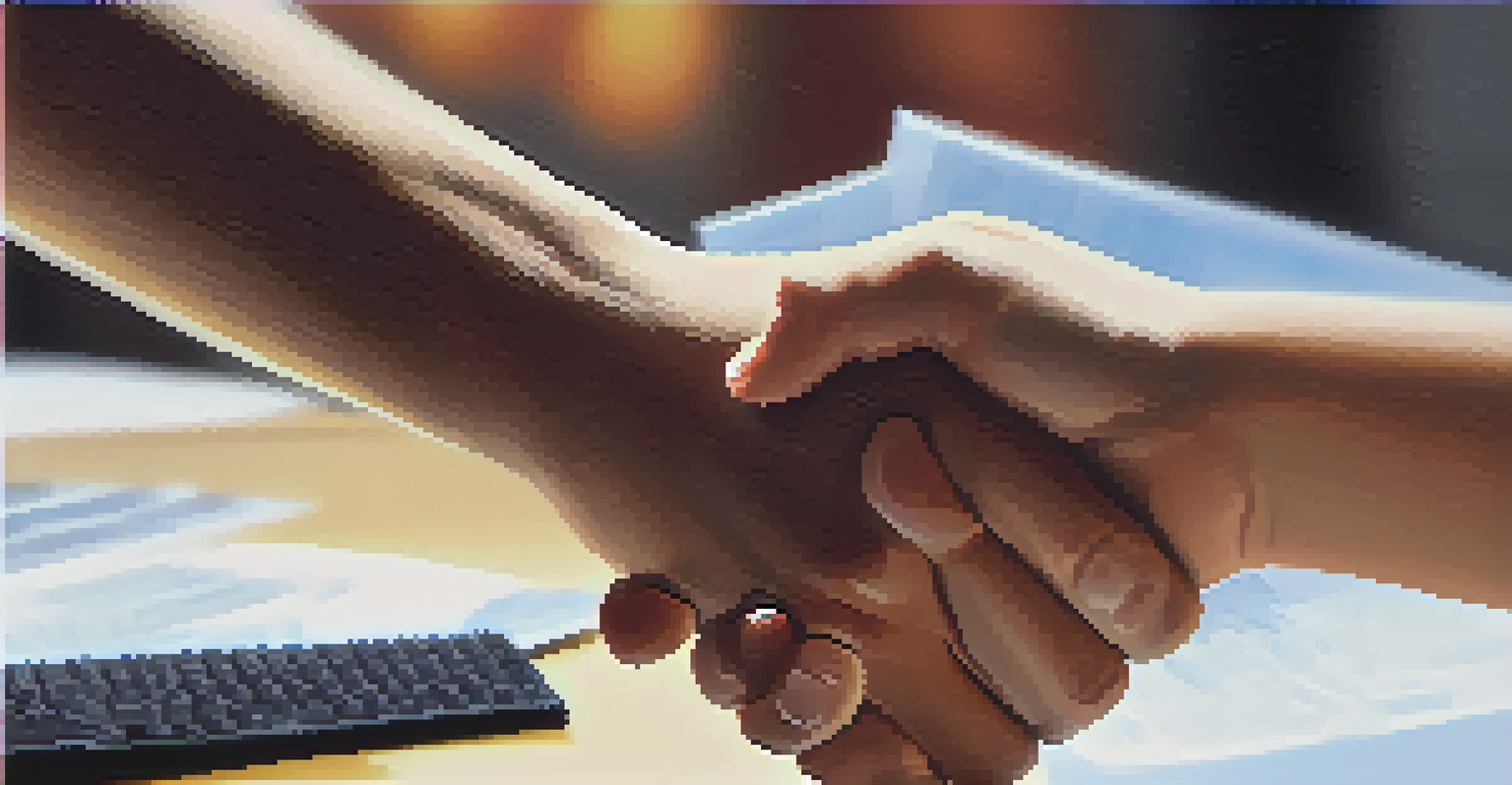 Close-up of two hands shaking in an office, representing partnership and trust.