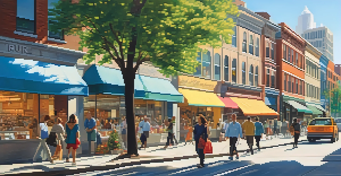 A lively urban street filled with diverse individuals participating in daily activities, surrounded by modern buildings and colorful shops.