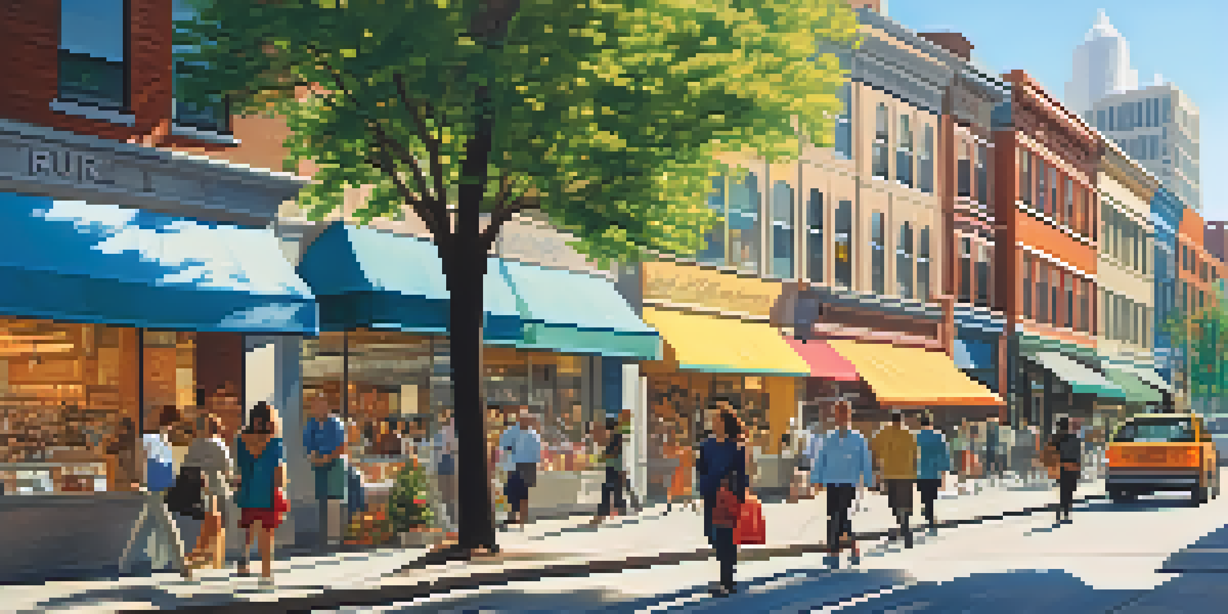 A lively urban street filled with diverse individuals participating in daily activities, surrounded by modern buildings and colorful shops.