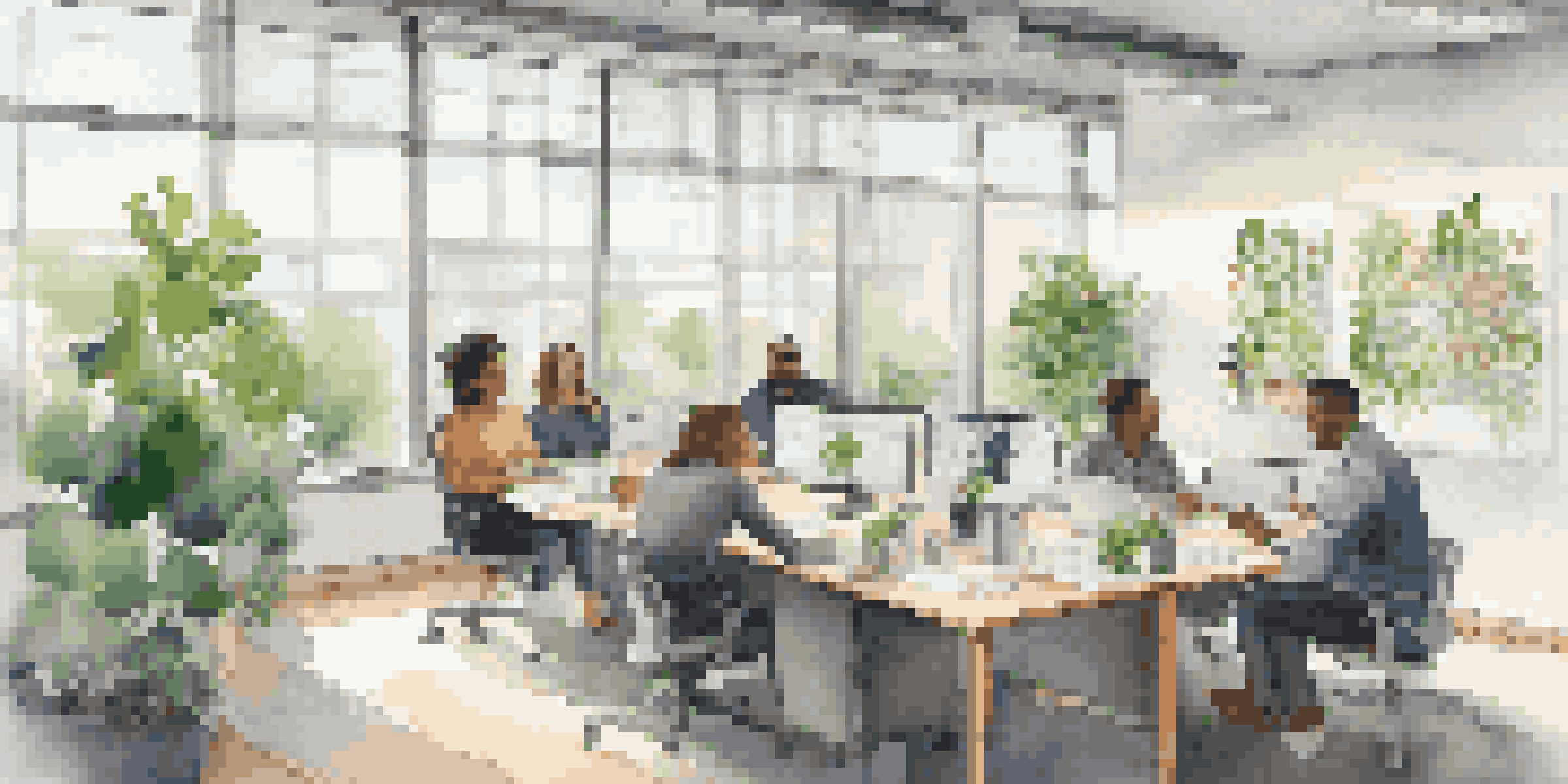A bright and modern office with diverse employees collaborating around a conference table, surrounded by motivational quotes and plants.