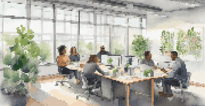 A bright and modern office with diverse employees collaborating around a conference table, surrounded by motivational quotes and plants.