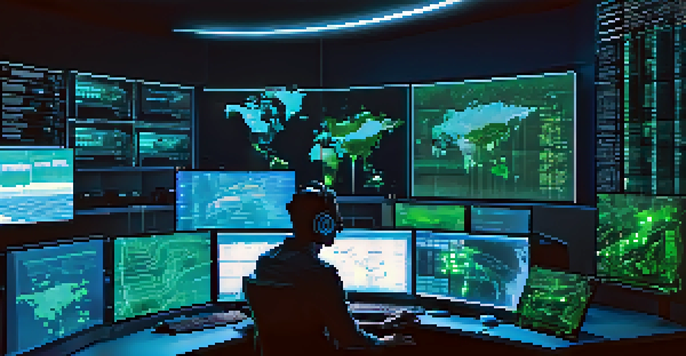 A focused cybersecurity professional working at a high-tech desk with multiple monitors showing data and threat analysis, in a dimly lit room with blue and green ambient lighting.