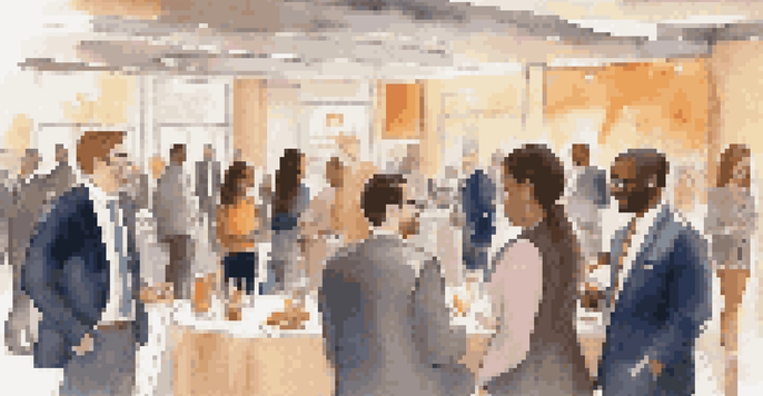 A group of diverse professionals networking at an event, surrounded by soft lighting and refreshments.