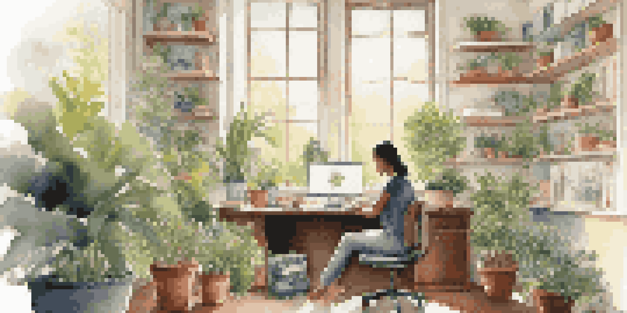 A person practicing mindfulness in a bright office surrounded by greenery and personal items.