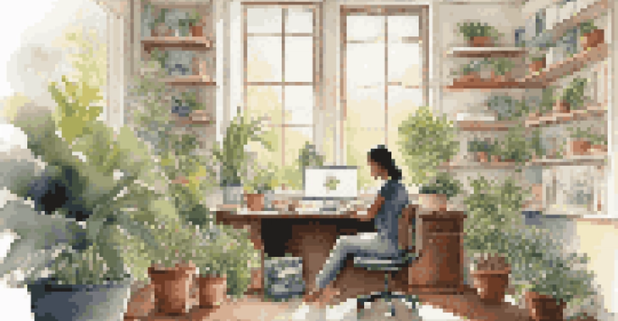 A person practicing mindfulness in a bright office surrounded by greenery and personal items.