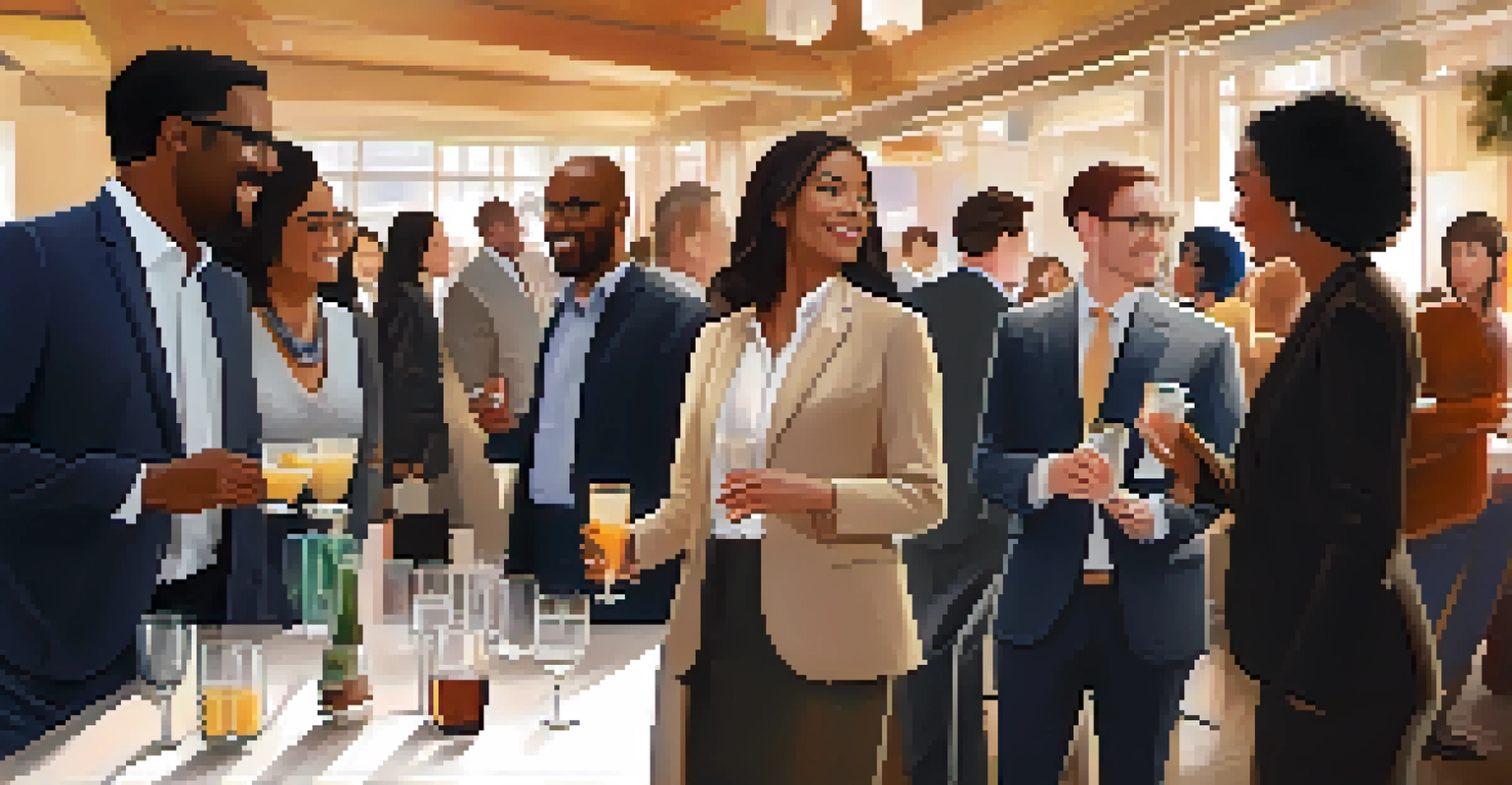 A diverse group of professionals networking at an event, engaging in conversations and sharing ideas.