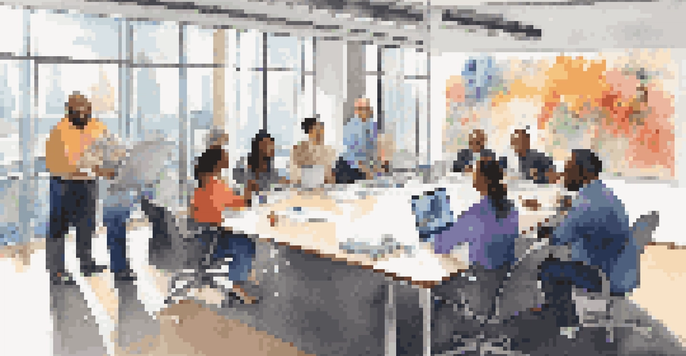 A diverse team of professionals collaborating around a conference table in a bright and welcoming office space.