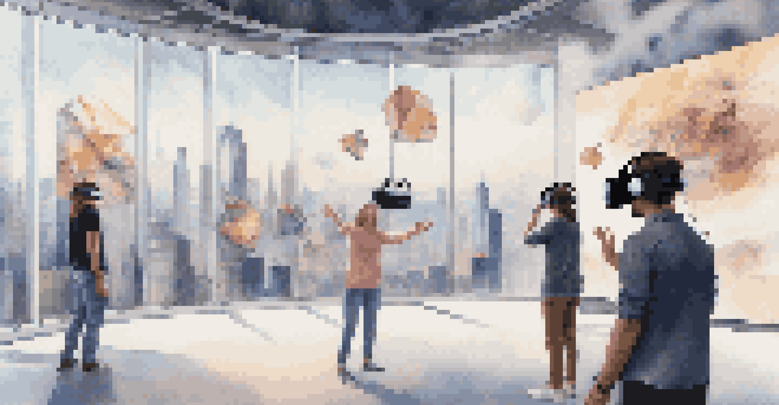 A virtual reality art gallery with visitors interacting with floating artworks, set against a backdrop of a futuristic city.