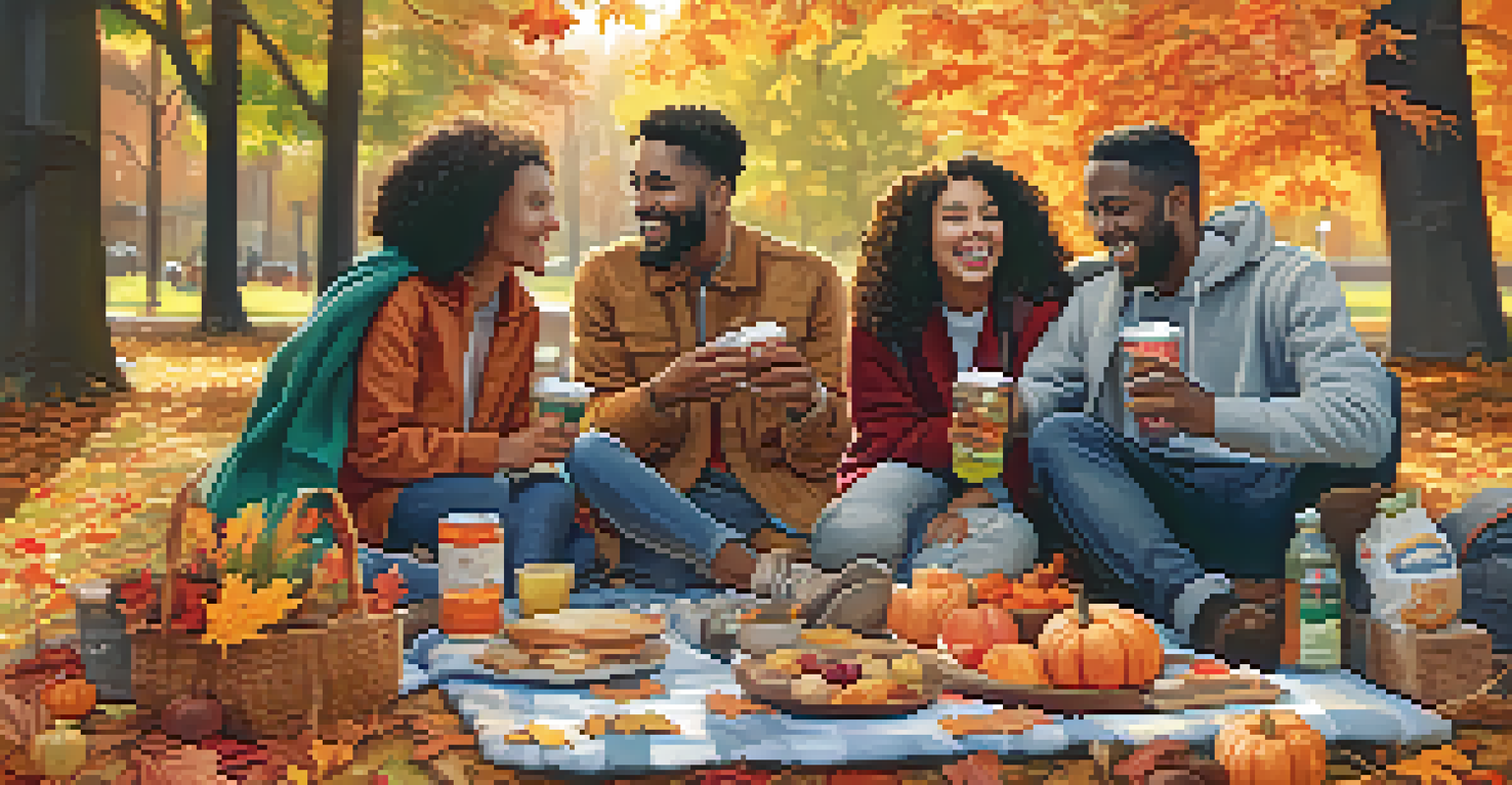 A diverse group of friends enjoying a picnic in a park, surrounded by autumn leaves, sharing laughter and stories.