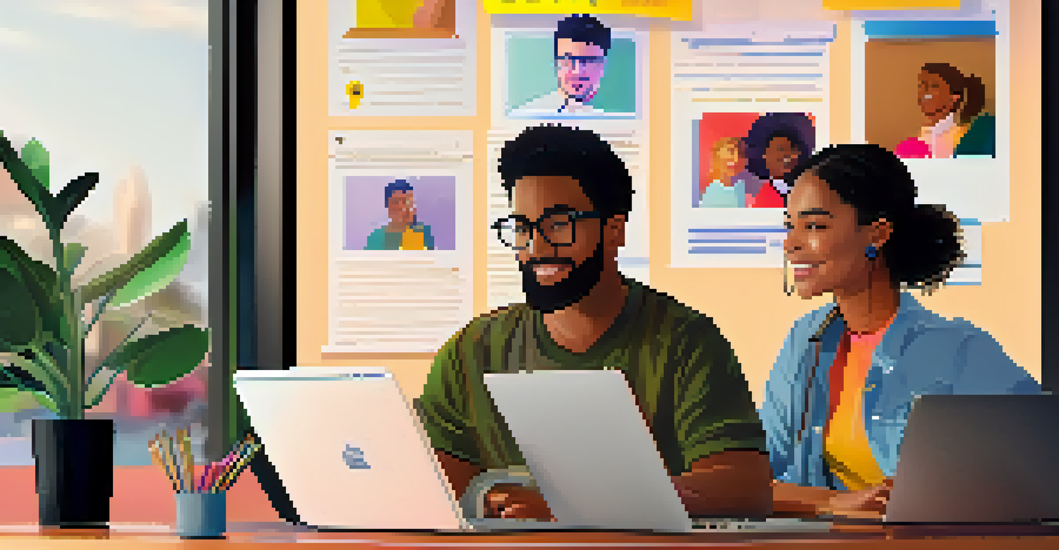 Close-up of a laptop screen showing a video call between two freelancers, with a cozy workspace filled with sticky notes in the background.