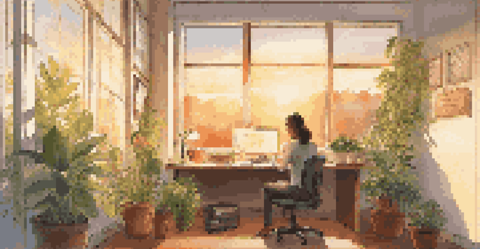 A person sitting at a desk in an office, writing in a journal with a sunrise visible through the window, surrounded by plants and motivational quotes.