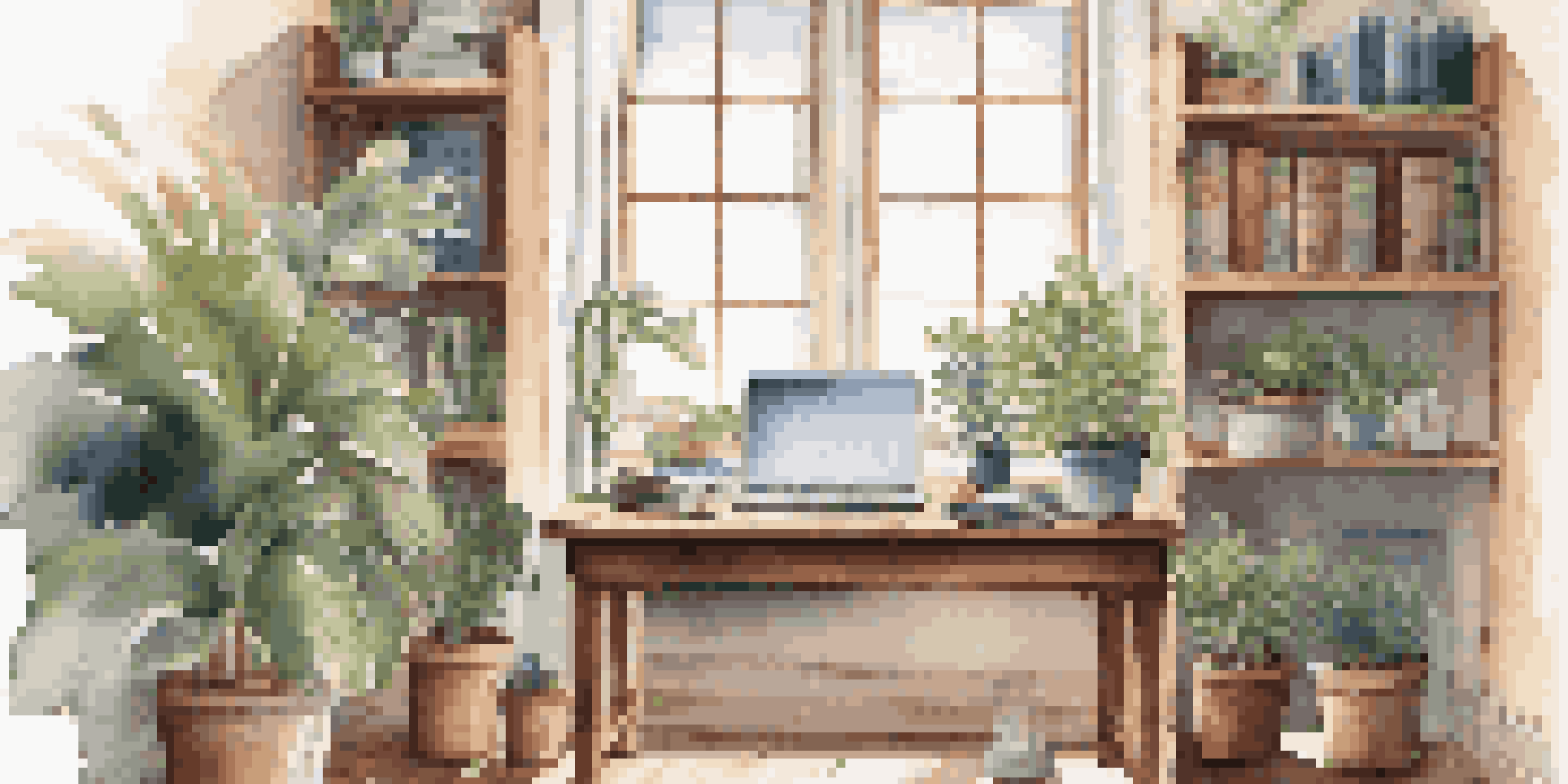 A cozy home office with a wooden desk, a laptop, books on critical thinking, and a potted plant, illuminated by natural light from a window.