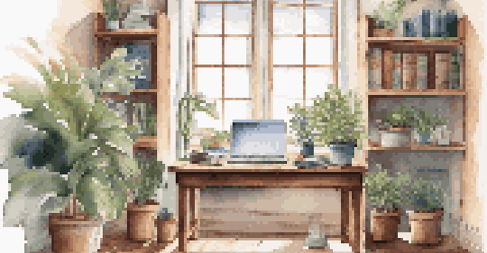 A cozy home office with a wooden desk, a laptop, books on critical thinking, and a potted plant, illuminated by natural light from a window.