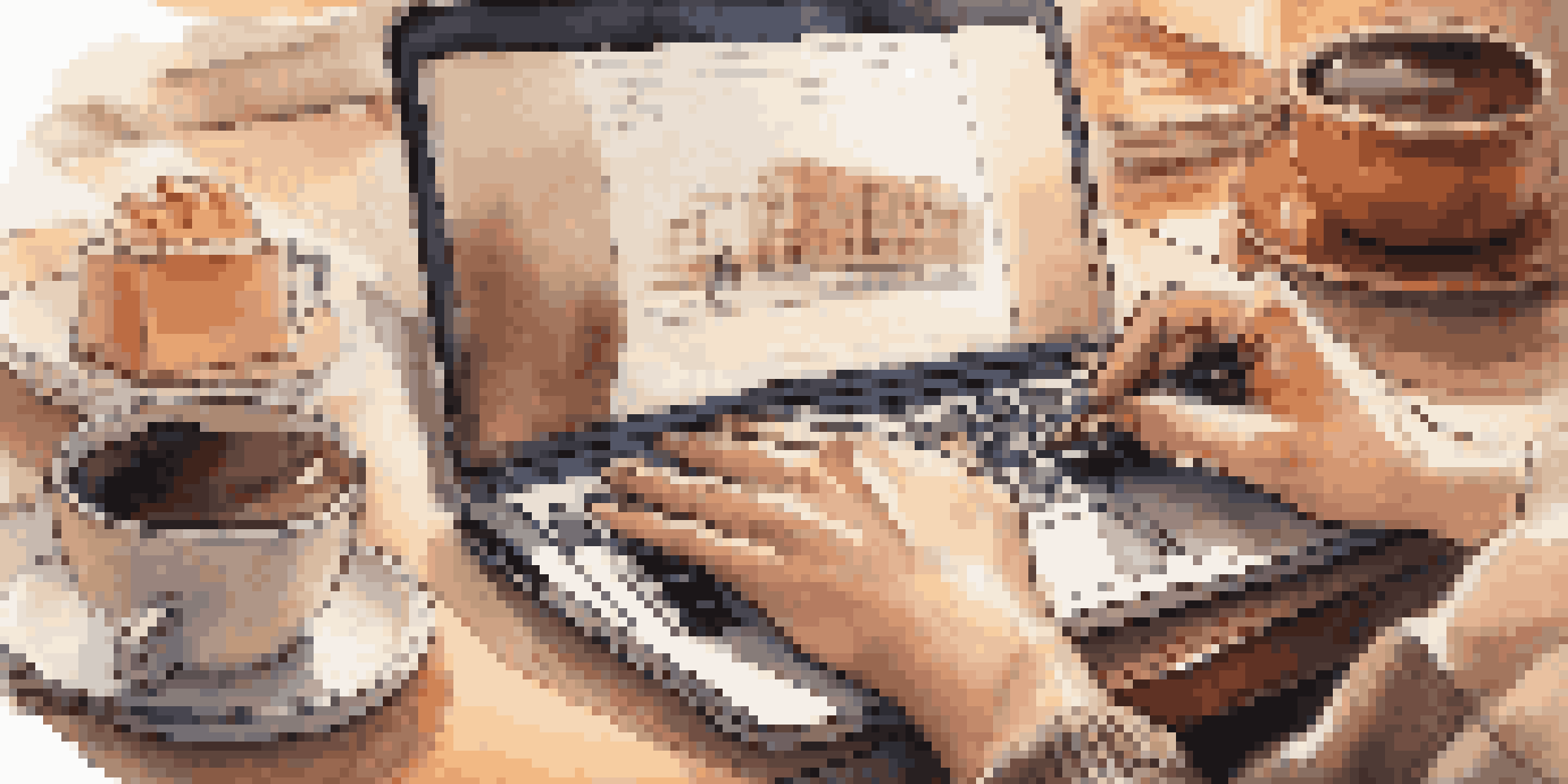 A person's hands typing on a laptop with a notebook and coffee in a cozy café setting.