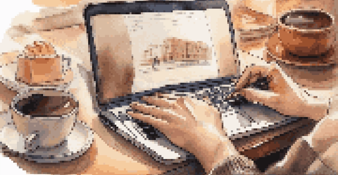 A person's hands typing on a laptop with a notebook and coffee in a cozy café setting.