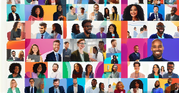 A virtual networking event with diverse individuals engaging through video calls in a modern setting.