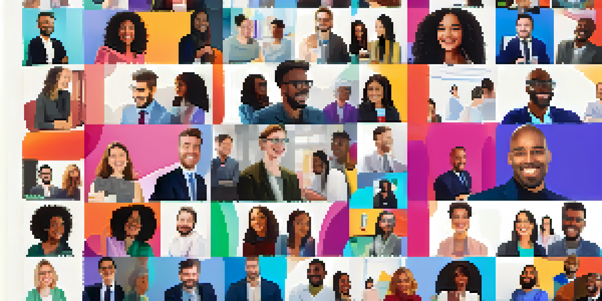 A virtual networking event with diverse individuals engaging through video calls in a modern setting.