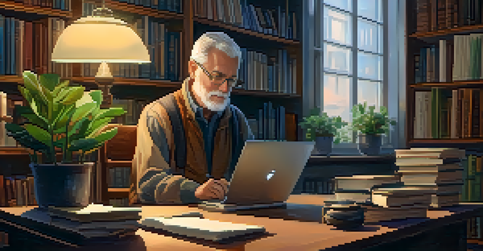 An older man working on a laptop in a warm and cozy workspace filled with books and plants.
