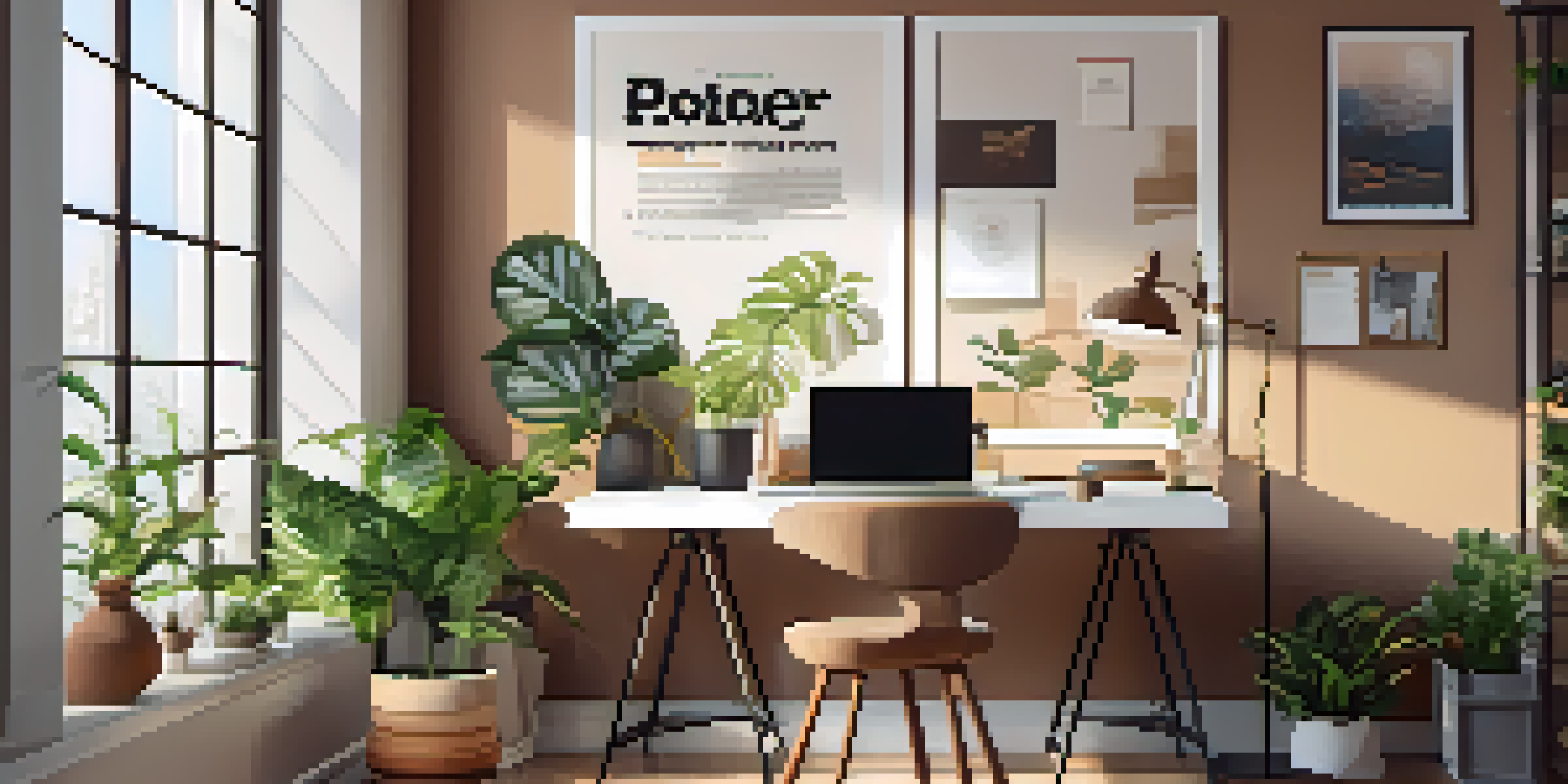 A well-organized workspace with a laptop, notebooks, and a cup of coffee, illuminated by soft natural light, featuring a potted plant and a motivational poster.