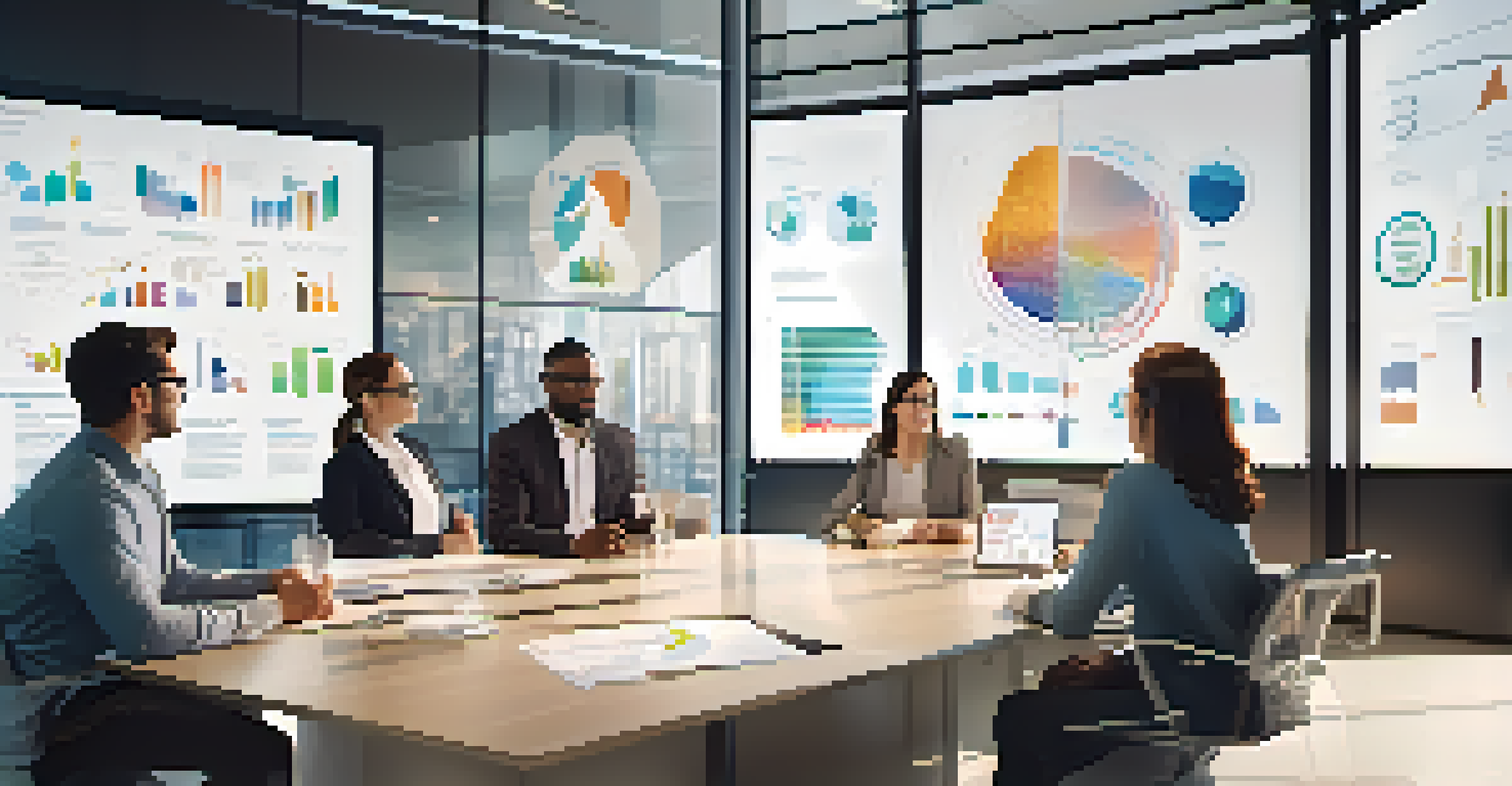 A group of diverse professionals in a meeting, analyzing data on a large screen in a modern conference room.