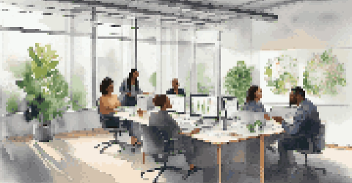 A bright and modern office with diverse professionals collaborating on job market trends during a meeting.