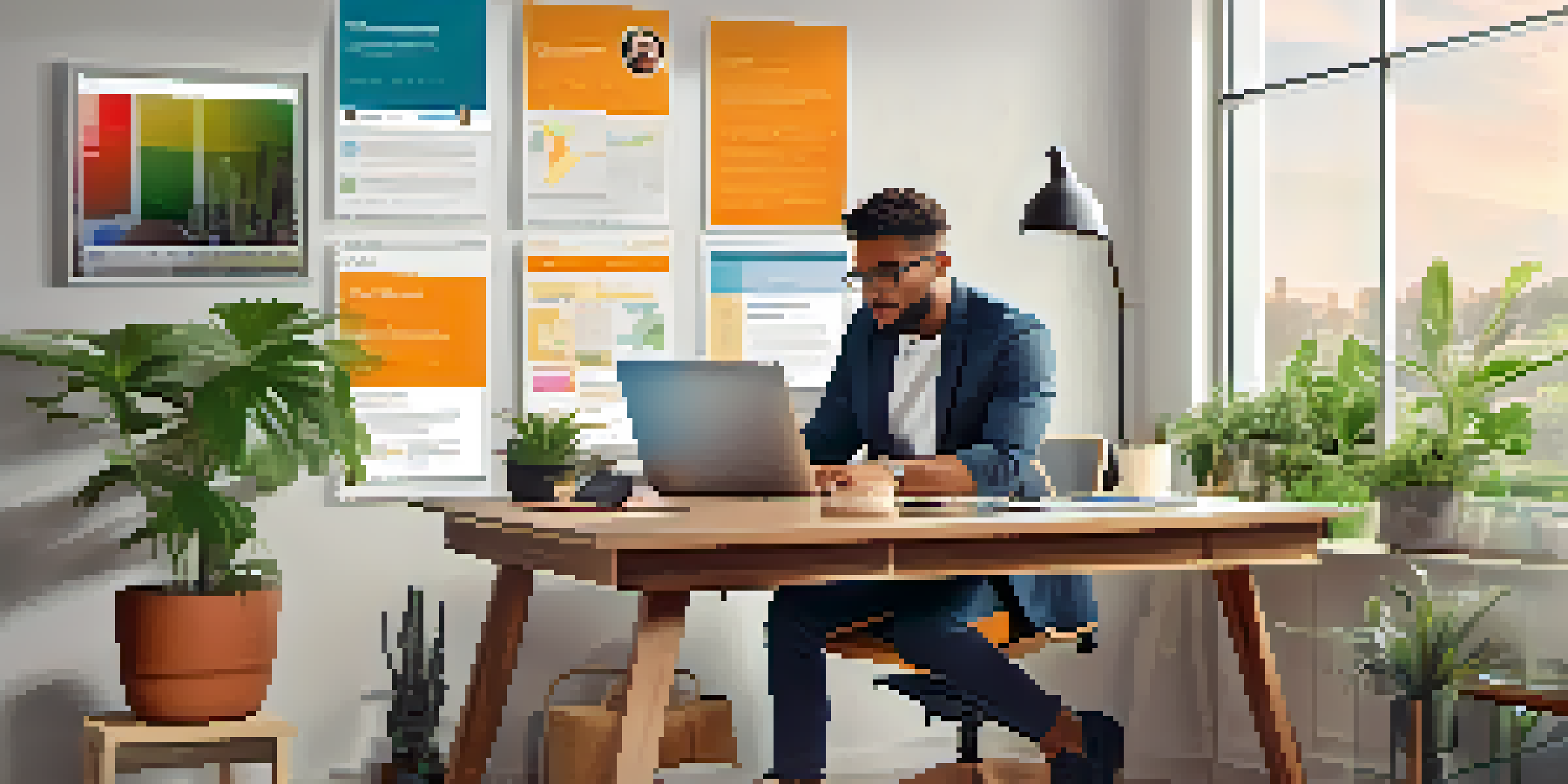 A job seeker working at a desk with a laptop showing a LinkedIn profile, surrounded by plants and motivational decor.