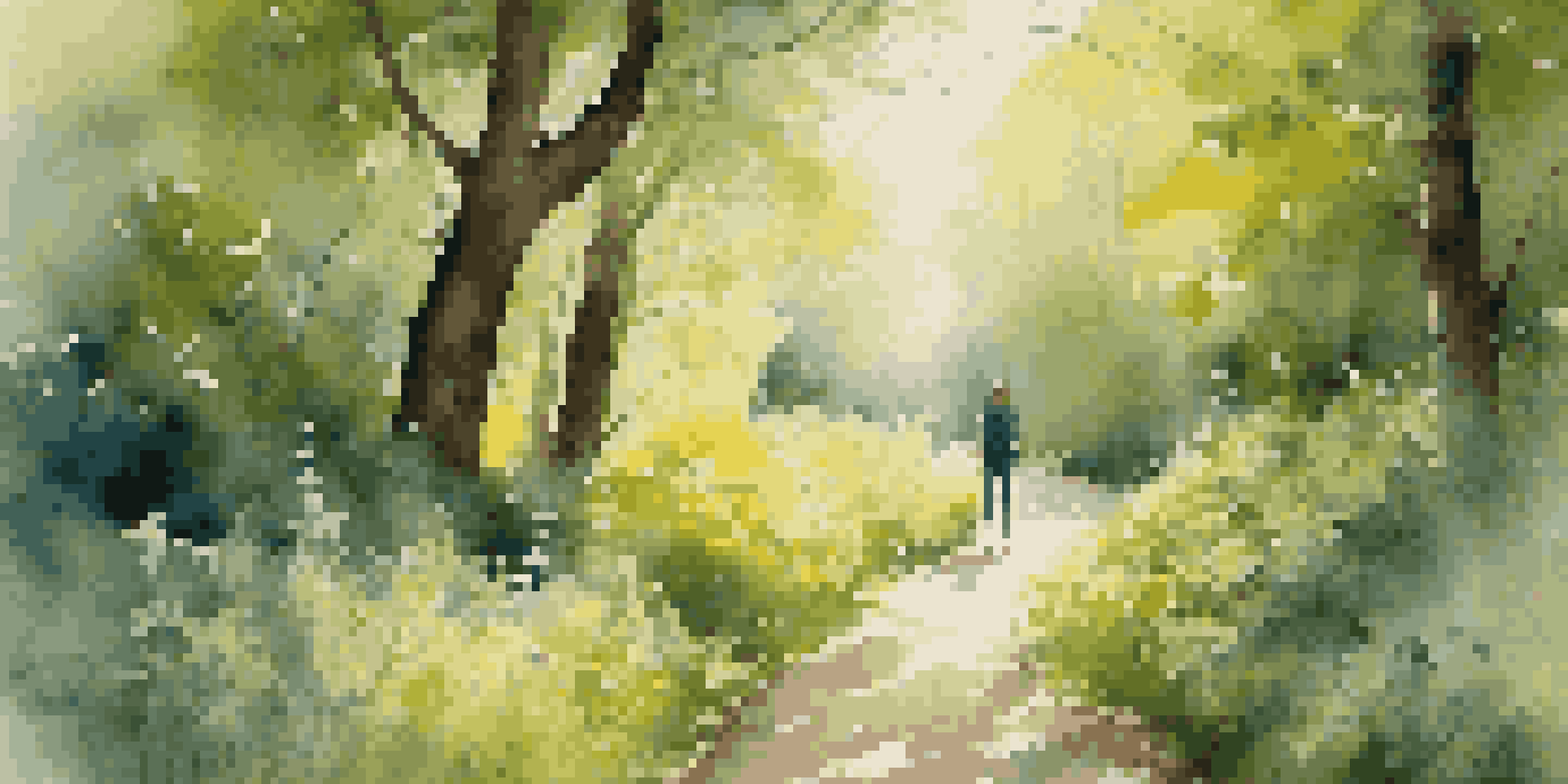 A person standing at the start of a winding forest path, with sunlight shining through the trees and colorful wildflowers blooming.