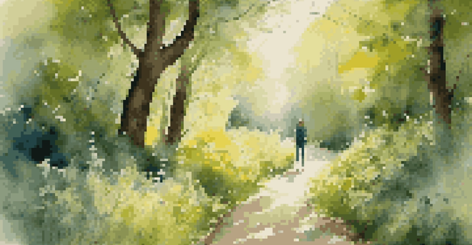A person standing at the start of a winding forest path, with sunlight shining through the trees and colorful wildflowers blooming.