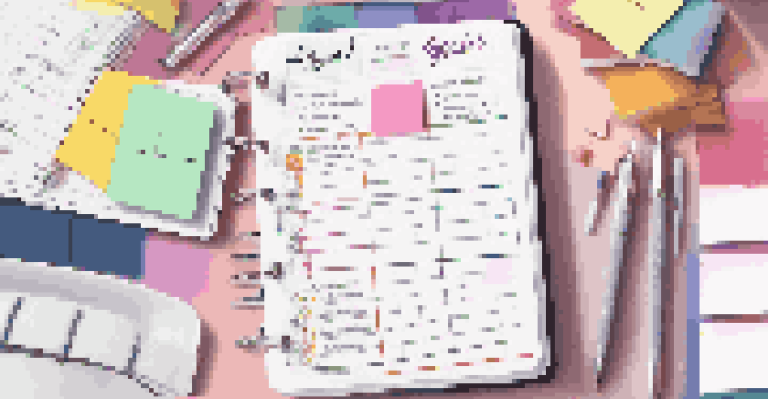 An open planner with sticky notes and a pen on a desk, set against a blurred office background, illustrating focus and productivity.