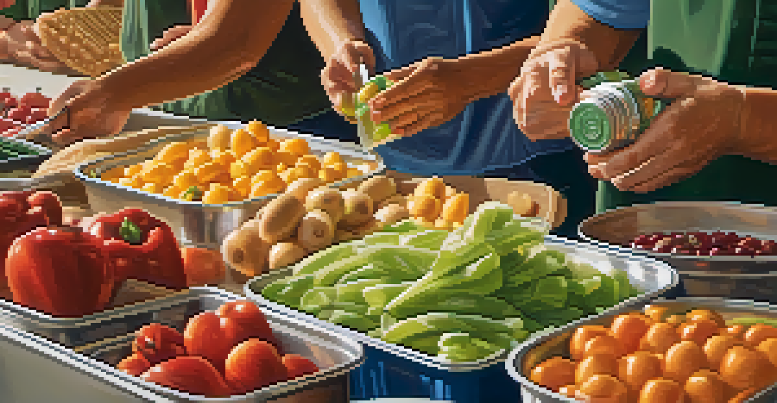 Close-up of hands organizing food at a food bank, showcasing fresh produce and canned goods in a warm, inviting environment.