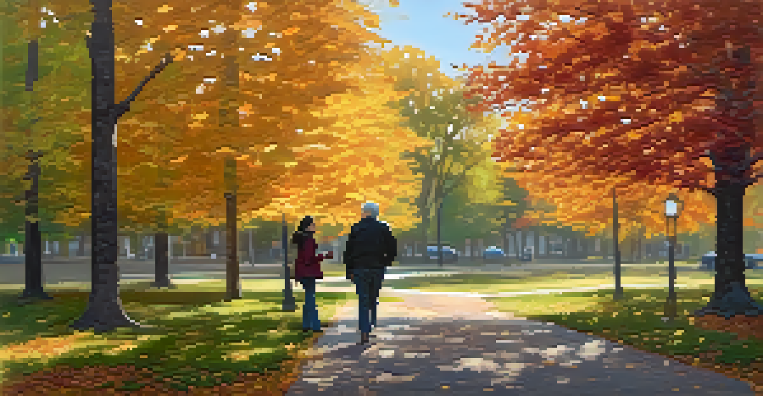 A mentor and mentee walking in a park, discussing career advice amidst colorful autumn foliage.