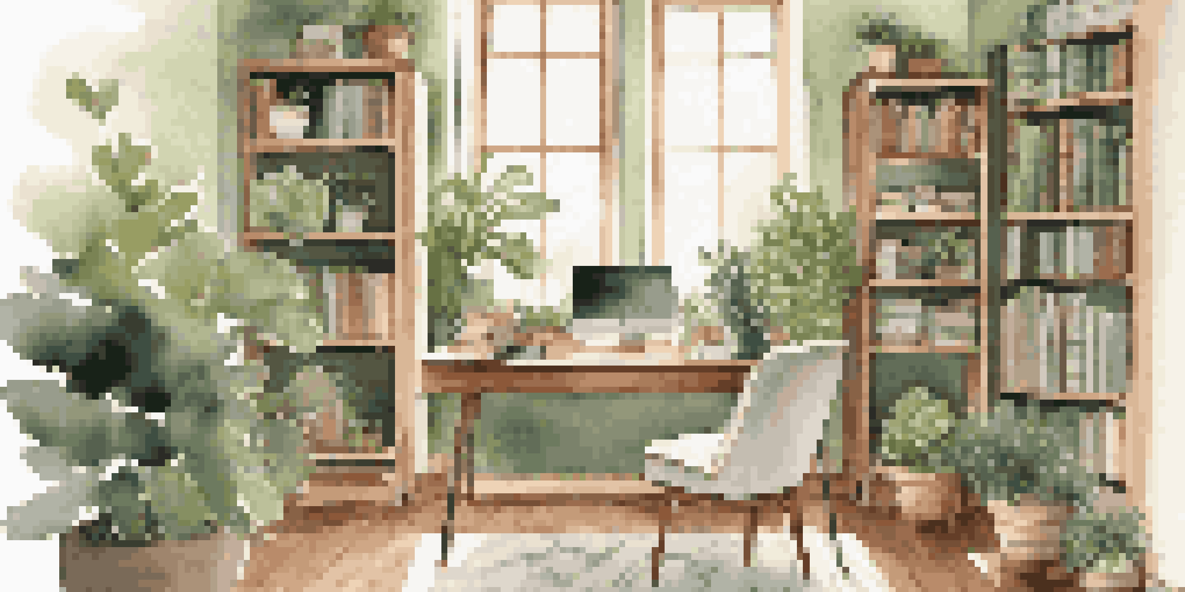 A cozy home office with a modern desk, laptop, and plants, showing a well-lit, inviting workspace.