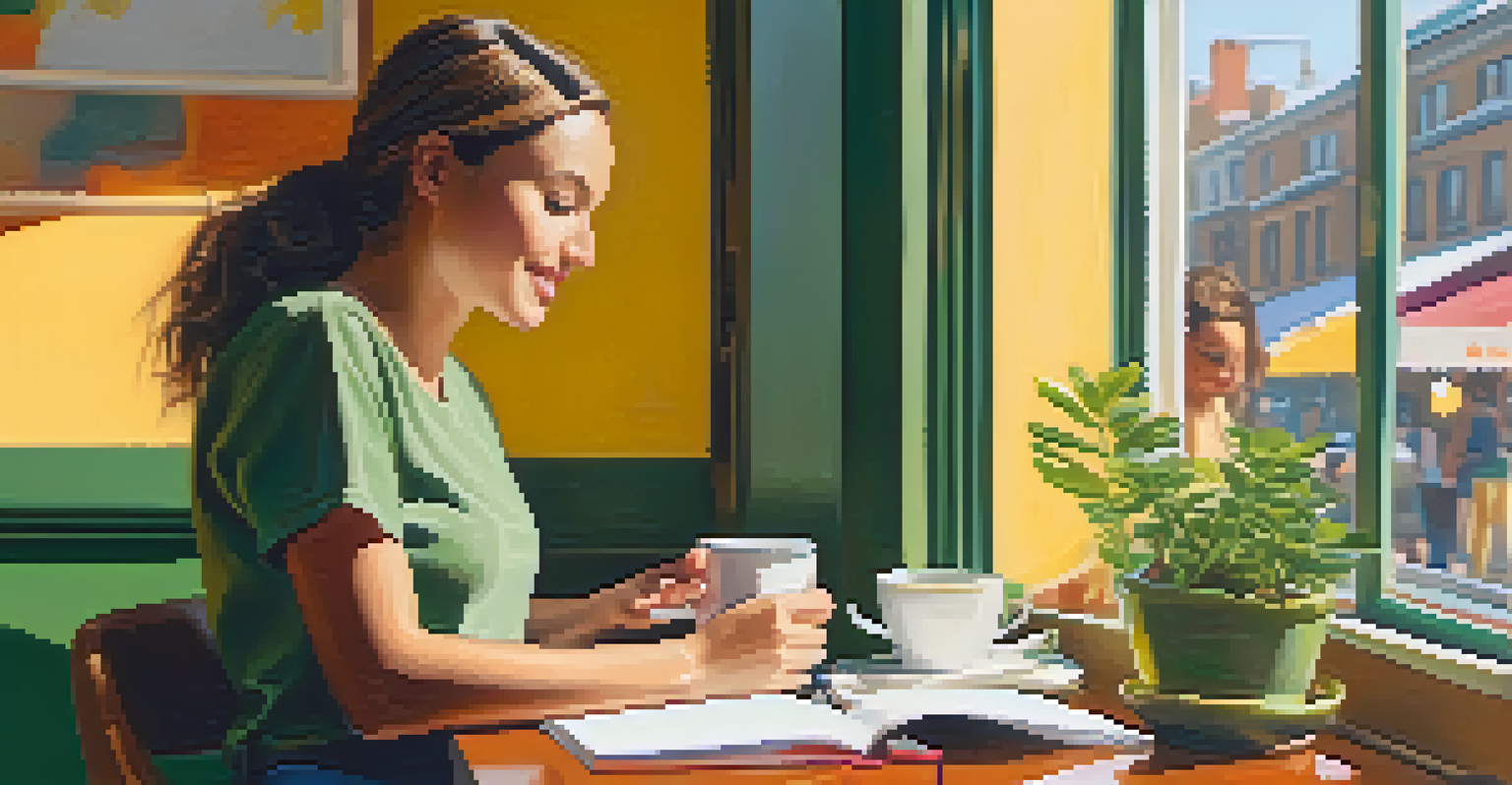 A person in a cafe studying a notepad with SMART goals, a coffee cup and a plant on the table, with sunlight streaming in.