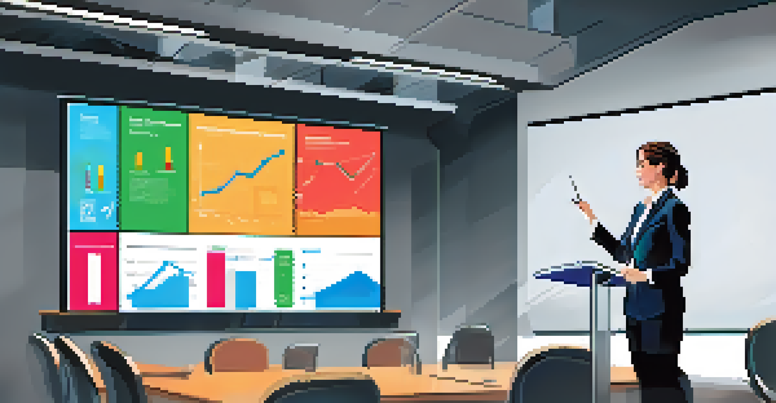 A confident speaker presenting in a conference room with an engaged audience, showcasing charts and graphs.