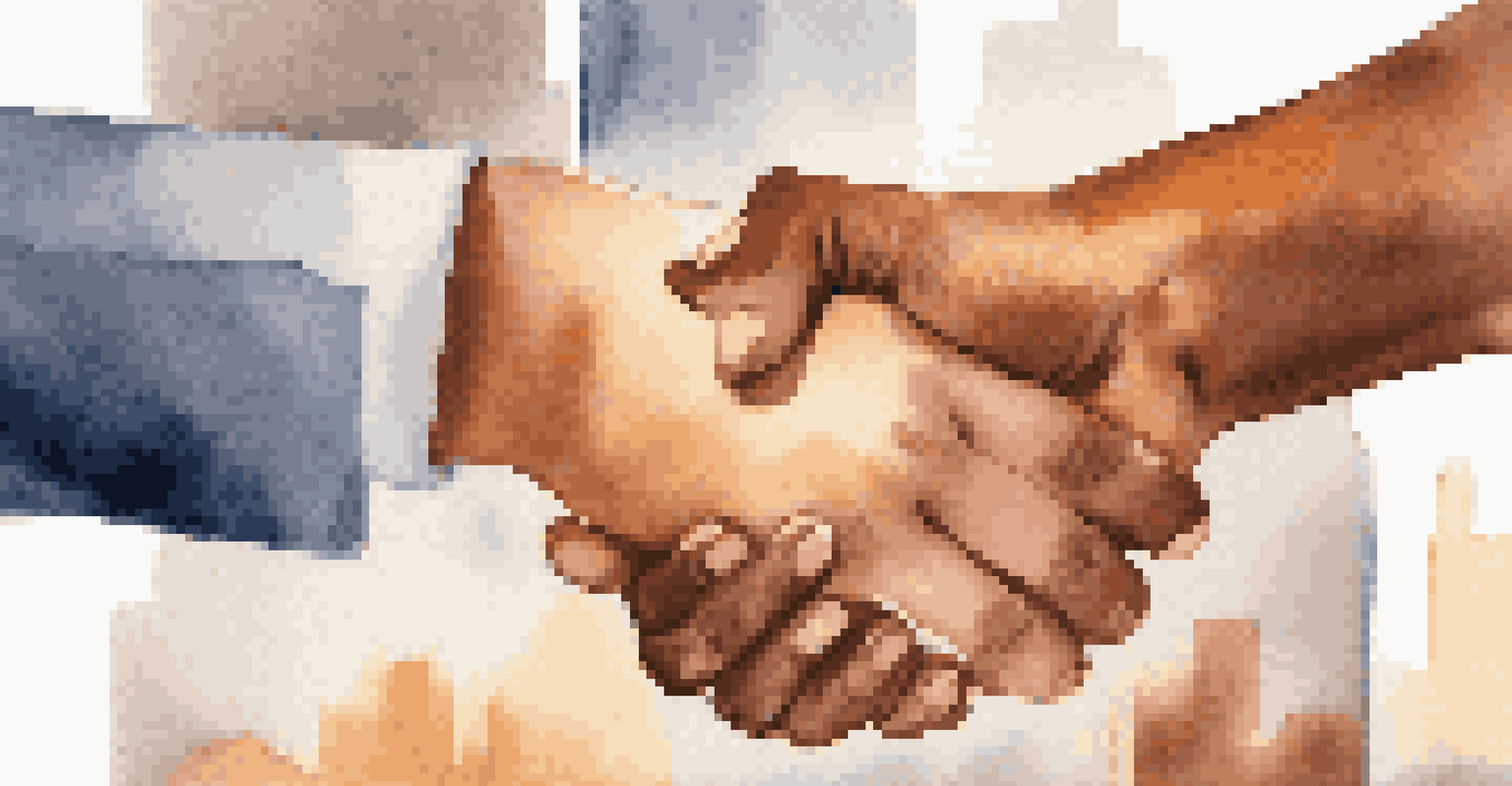 A close-up of a handshake between two individuals in a professional setting, symbolizing mentorship.